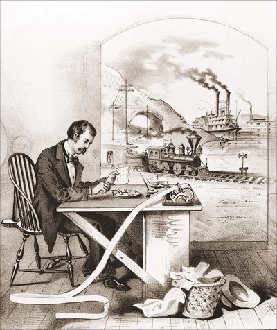 Århundredets fremskridt (1800-tallet): Morse-telegrafi, Dawn Boat, Train, etc. Gravering af det 19. århundrede. af Unknown artist