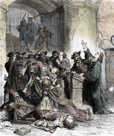Forbud mod prædiker og arrestation af protestanter efter tilbagekaldelsen af Edit de Nantes (dragonnader under Ludvig XIV (1681-1686): Katolske soldater (drager) massakrerer protestanterne. 1800-tallet (gravering) af Unknown artist