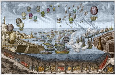Angrebsprojekt (invasion) mod England i 1803 af Napoleon I - Franske tropper går gennem Kanaltunnelen, mens skibe og balloner angriber fra havet og luften - Indgravering af 1803 af Unknown artist