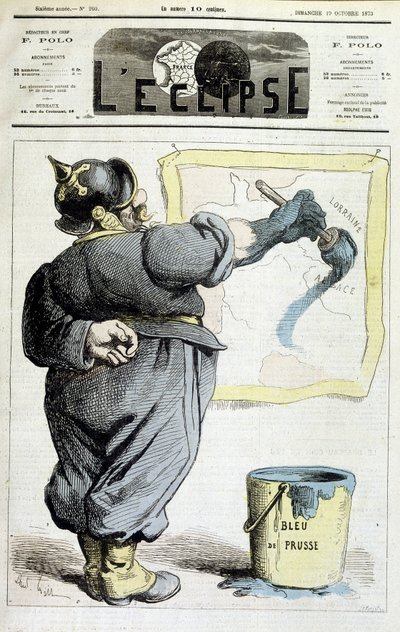 Preussisk soldat sporer grænserne for Alsace-Lorraine til Preussens blå (henvisning til annekteringen af regionen ved krigen i 1870) - i "" L
