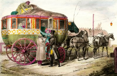 Offentlig transport: passagerer, der kommer ind i Parisienne Diligence. Indgravering af privatsamlingen fra det 19. århundrede af Unknown artist