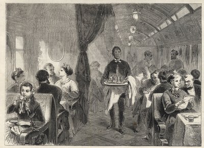 Pullman spisevogn fra Pacific Railways i 1869 - inde i et vognhotel på Pacific Railway - af Unknown artist