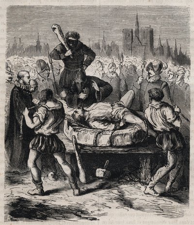 Straf af Francois Ravaillac (1578-1610) morder på kong Henrik IV (1553-1610) på Place de Greve i Paris i 1610 - Indgravering af 1879 i "Historien om hemmelige, politiske og religiøse selskaber" af Pierre Zaccone (1817-1895) af Unknown artist
