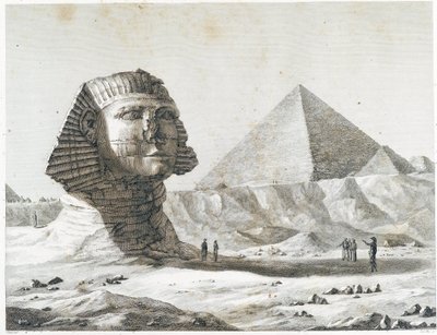 Pyramids of Giza: udsigt over Sfinxen og den store pyramide, taget fra sydøst - i "" Description of Egypt"", Imperial Editions af Unknown artist