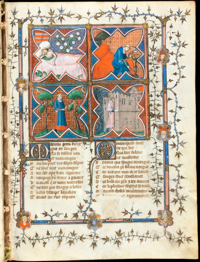 ""Fire mænd travlt med forskellige aktiviteter"" oplyst side fra manuskriptet ""Le Roman de la Rose"" af Guillaume de Lorris (omkring 1200-1238) og Jean de Meun (Meung) (1240-1305) omkring 1353 Schweiz, Genève bibliotek af Unknown artist