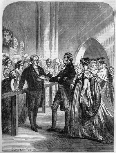 Dronning Caroline (Caroline af Brunswick-Wolfenbutte (Brunswick Wolfenbutte) (dronning af kong George IV af Det Forenede Kongerige) afvist fra døren til Westminster Abbey 1820 (gravering) af Unknown artist