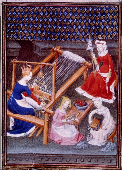 Dronning Tanaquil, hustru til den romerske kong Tarquin den Ældre, vævende miniature tegnet fra "" De mulieribus claris""" (Lette og ædle kvinder)"" af Giovanni Boccaccio (Boccaccio) (1313-1373) af Unknown artist