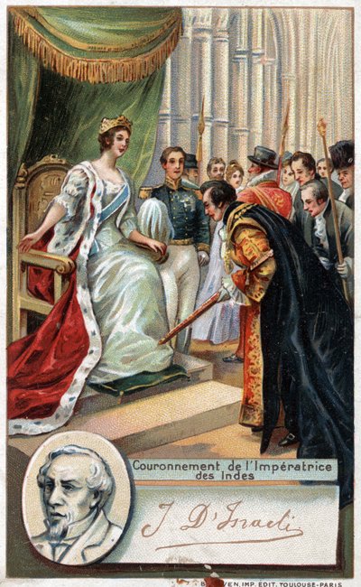 Dronning af England Victoria kronede Imperatrice af Indien 1877 med støtte fra Benjamin Disraeli (1804-1881) britisk forfatter og politiker. Kromolitografi af det 19. århundrede. af Unknown artist