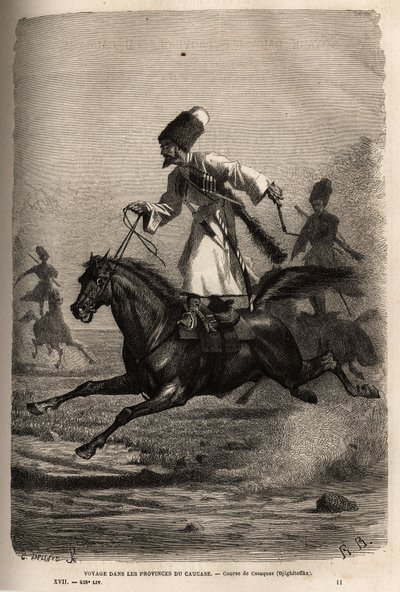 Race of Cossacks, klatrer i balance stående på deres sadel, ryttere pisker deres heste for at få dem til at galoppere. Gravering til illustration af rejsen i provinserne i Kaukasus, af Basile Vereschaguine, i 1864-1865, udgivet i "" Le tour du monde, nouve af Unknown artist