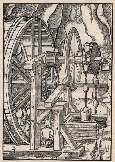 Pumpe-og-kæde-pumpe til at dræne en mine, der betjenes af mænd i løbebånd. Fra Agricola (George Bauer) De re metallica, Basel af Unknown artist