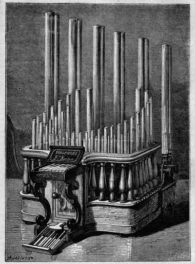 Sjældne eller imaginære instrumenter: Pyrofonen eller "syngende flammer", af Frederic Kastner (instrument, der genererer flammer drevet af gasstråler). af Unknown artist