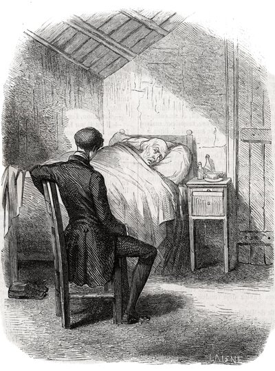 Rastignac forblev alene i nærheden af den gamle mand, der sad ved fodenden af sengen... Gravering midt i det 19. århundrede. Illustration til "The Father Goriot" af Honore de Balzac (1799-1850). af Unknown artist