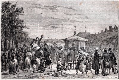 Reading of the rulings published in newspaper Moniteur in the gardens of Royal Palace in Paris july 26, 1830 during civil war - Revolution 1830 - Lecture des prescriptions dans Le Moniteur, au jardin du Palais-Royal, le 26 juillet 1830 a 7 heures du soir - af Unknown