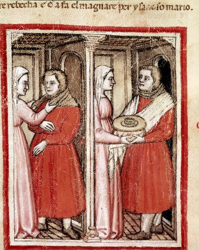 Rebecca giver sin søn Jacob, iført Esaus tøj, en tallerken med børnekød, så han kan tage hende til sin blinde far Isaac og tage hendes velsignelse i stedet for Esau Miniature fra Codex 212 (eller Padovano eller Bible of Padua) 1390-1400 Rovigo, Accademia d af Unknown artist