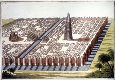 Rekonstrueret udsigt over den antikke by Babylon med indhegningen, de hængende haver og ziggurat. af Unknown artist