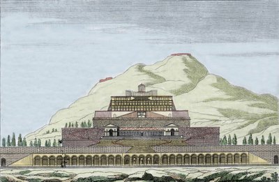 Genopbygning af templet Fortuna (tilfældighedernes romerske guddom) i Palestrina, Italien. Indgravering af det 19. århundrede af Unknown artist