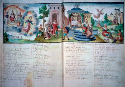 Religiøst Teater: "" Passion and Resurrection"" spillet i Valenciennes i 1547. Manuskriptside med akvarel, Paris, B.N. af Unknown artist