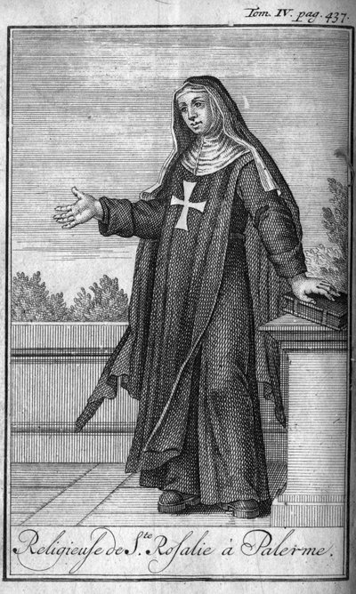 Religiøs orden. Religiøs fra Saint Rosalia i Palermo på Sicilien i det 17. århundrede. I "" Historien om militære ordener eller riddere, om de sikre og rutineprægede militser af begge køn, som er blevet etableret indtil nu. Udgave taget fra Abbe Giustinian af Unknown artist
