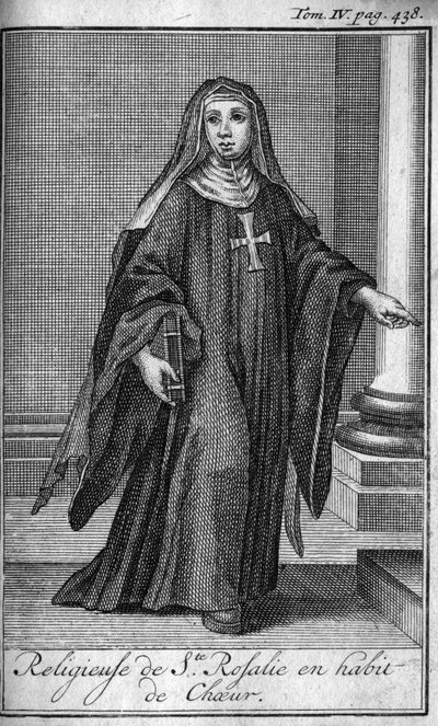 Religiøs orden. Religiøs af Saint Rosalie i kordragt i Palermo på Sicilien i det 17. århundrede. I "" Historien om militære ordener eller riddere, om de sikre og rutineprægede militser af begge køn, som er blevet etableret indtil nu. Udgave taget fra Ab af Unknown artist