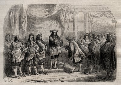 Rene Duguay Trouin (Duguay-Trouin) (Rene Trouin du Gue dit) (1673-1736) modtog Saint-Louis kors fra kong Louis XIVs hænder - indgravering i "" Dictionnaire populaire illustrious"" - 1864 - af Joseph Decembre og Edmond Allonier - af Unknown artist