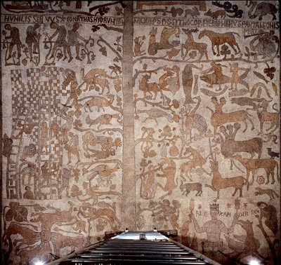 Repræsentation af Alexander den Store (356-323 f.Kr.), konge af Macedoine og erobrer af Persien, omgiver den indiske fauna under erobringen af Indien og den hellenistiske syndflod til højre, til venstre konstruktionen af Babelstårnet. Fortovet af Pant af Unknown artist