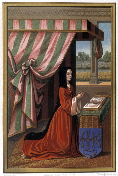 Repræsentation af Anne de France kendt som Anne de Beaujeu (1461-1522) i bøn. Hun er datter af Louis XI og Charlotte de Savoie. Kromolitografi efter belysning. af Unknown artist