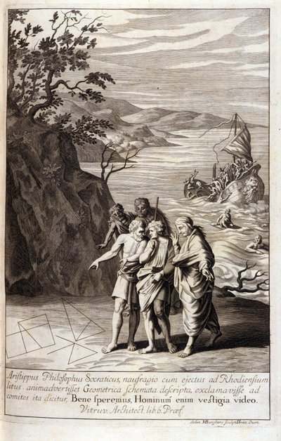 Repræsentation af Aristipus af Kyrene (435-356 f.Kr.) Græsk filosof, discipel af Sokrates, opdager efter skibsforliset, der kastede ham på Rhodos kyst, geometriske spor på sandet. Indgravering fra Bog XV af Euklids "Elementer". 1591 af Unknown artist