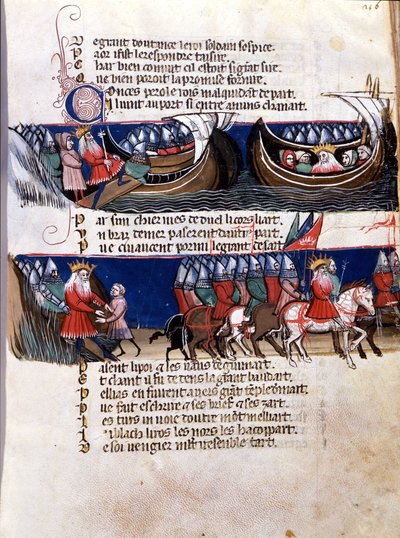 Repræsentation af Karl den Store (742-814) under hans erobringer: han sejler op på et skib og guider ned sine hære. Miniature fra det fransk-italienske manuskript “” Entreée d