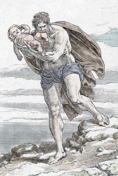 Repræsentation af Cronos (Kronos), der fortærer et af sine børn (Cronus devouring one of his children) Gravering fra "My beautiful mythological tales" af HS Bres, begyndelsen af det 20. århundrede, privat samling af Unknown Artist