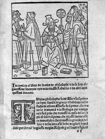 Repræsentation af Diogene Laerce (120-240) (i midten) omgiver forskellige tænkere og filosoffer. Side hentet fra "" liv, doktriner og sætninger fra berømte filosoffer"" (Vitae Philosophorum) af digteren og historikeren Diogene Laerce (120-240) 1495 af Unknown artist