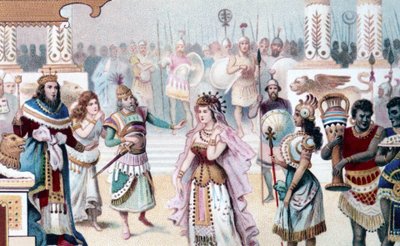 Repræsentation af Scene 1 i 1. akt af "Dronningen af Saba", opera komponeret af Karl Goldmark (1830 - 1915). kromolitografi fra det 19. århundrede. af Unknown artist