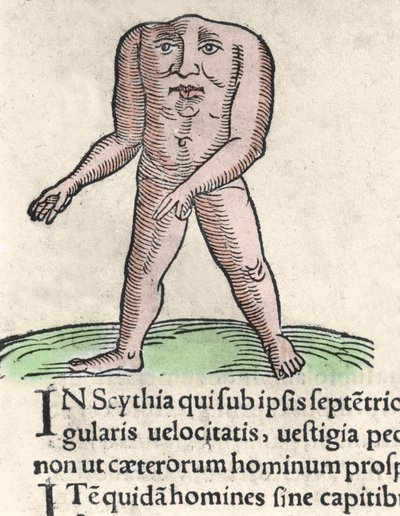 Repræsentation af et medlem af Blemmyi-stammen i Nubien, beskriver uden hoved, uden hals og ansigt på stammen af Plinius den tidligere indgravering fra "Prodigiorum ac ostentorum chronicon"" af Conrad Lycosthenes (1518-1561). 1557. af Unknown artist