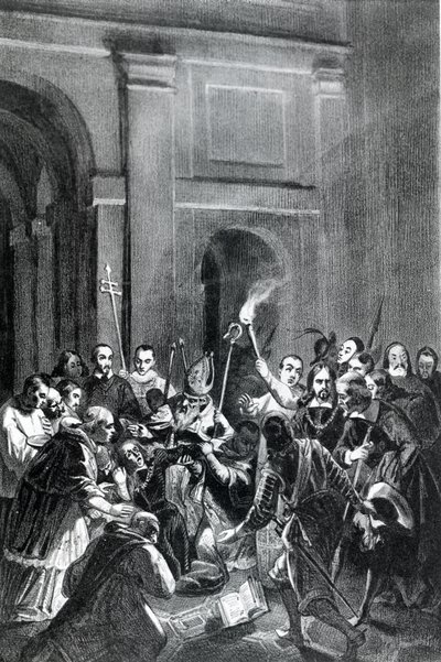 Repræsentation af en eksorcismescene. 1800-tals illustration. af Unknown artist