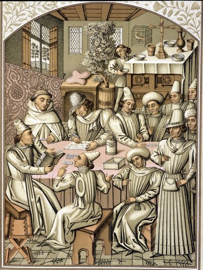 Repræsentation af embedsmænd i 1300-tallet. kromolitografi fra regnskabet for broderskabet "Dio e Nostra Signora"" af Unknown artist