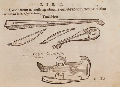 Repræsentation af strengeinstrumenter og bueskytte. Side taget fra Musurgias praktiske musikhåndbog af Unknown artist