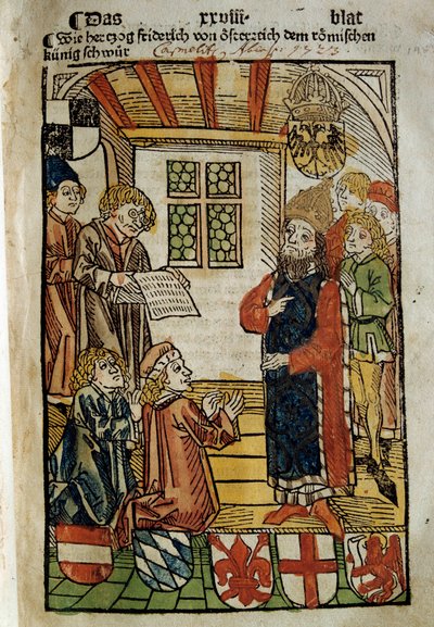 Repræsentation af Konciliet i Konstanz (1414-1418), indkaldt af kejser Sigismund I og modpave Johannes XXIII. Han satte en stopper for Vestens store skisma. Miniature af 1414. Paris. polsk bibliotek af Unknown artist