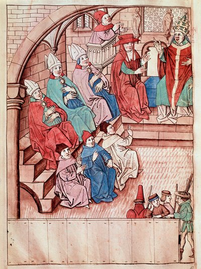 Repræsentation af Konciliet i Konstanz mellem 1414 og 1418, øverst Pave Martin V (Udsigt over Konciliet i Konstanz, ca. 1417) Miniature taget fra "Krønikker fra Konciliet i Konstanz" af Ulrich Richental (1360-1437) 1438 omkring Prag, Nati af Unknown artist