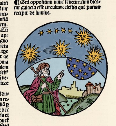 Repræsentation af den græske filosof Aristoteles (384-322 f.Kr.), der angiver stjernerne. Gravering fra fysikkens vandring ""Textus abbreviatus Aristotelis super octo liris Physicorum & tota naturalis philosophia""" af Thomas Bricot (d. 1516). 1496 af Unknown artist