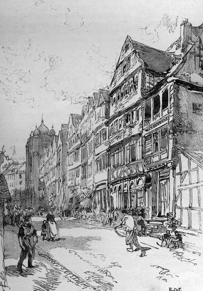 Repræsentation af den jødiske gade i Frankfurt, Rothschild-familiens fødested. Indgravering i ""The Illustrous World"" af Unknown artist