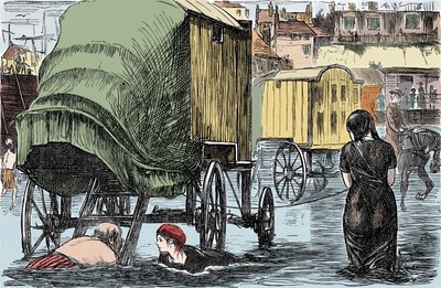 Repræsentation af badehytten opfundet i 1750 af Benjamin Beale: kvinder inde får adgang til havet direkte fra denne hestetrukne vogn. Humoristisk tegning fra "Punch Magazine" 1870 af Unknown artist