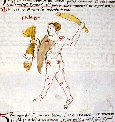 Repræsentation af stjernebilledet Bouvier (Botes) Jægeren Botes holder Berenices hår i hånden. Miniature fra "Astronomica" af Biasino da Parma (Blaise de Parma) (1425-1457) af Unknown artist
