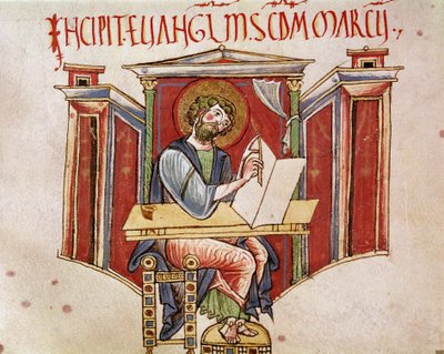 Repræsentation af evangelisten Sankt Markus Miniature fra et manuskript af benediktinermunkene "Liber evangeliarum"" 11. eller 12. århundrede Biblioteca Vallicelliana Rom af Unknown artist