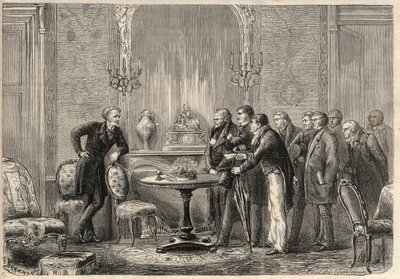 Repræsentation af skuespillet "" Mercadet"" (Le Faiseur) af Honore de Balzac (1799-1850) ved Comedie Francaise. Akt III, Scene VI. Gravering i "" L