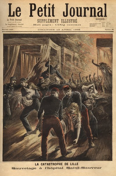 Redning på Saint Saviour Hospital i Lille eller en brand hærgede de tre ældste monumenter i byen, kirken, det gamle tårn og hospitalet. Indgravering i "" Le petit journal"" 12/04/1896. Selvas samling. af Unknown artist