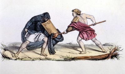 Resiario og Mirmillone. 1800-tals gravering. af Unknown artist