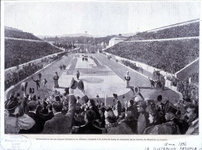Restaurering af de olympiske lege i Athen: ankomst af Lues, maratonvinder af Unknown artist