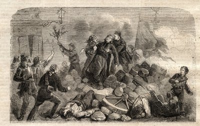 Revolution 1848: "" Archeveque Monsignor Denis Affre (1793-1848) på Barrikaden Faubourg Saint Antoine i Paris 26/06/1848 (Do o mon dieu que mon sang be le dernier vers) (Død Denis Affre Ærkebiskop af Paris af barrikade ved indgangen til t af Unknown artist