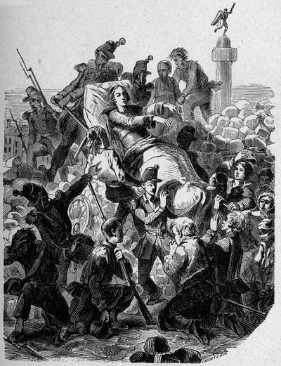 Revolution 1848: "" Ærkebiskoppen Denis Affre (1793-1848) sår og bærer på en båre i 1848." af Unknown artist
