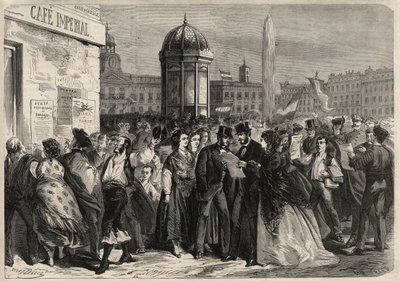 Revolution i september 1868 i Spanien (Gloriosa): læsning af juntaens manifest på gaden Alcala i Madrid. Gravering i "" L