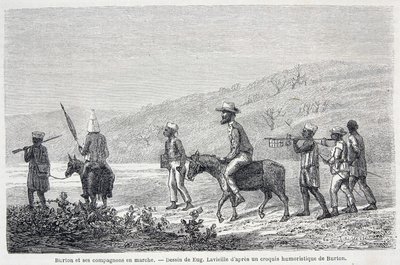 Richard Francis Burton, britisk opdagelsesrejsende (1821-1890), og hans ledsagere i Afrika. Tegning, der illustrerer artiklen "" Kaptajn Burtons rejse til Afrikas Store Søer 1857-59" - i "" Tour du Monde"", 2. semester. 1860 af Unknown artist